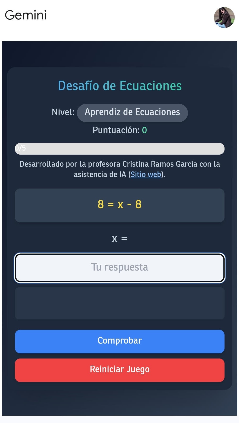 Imagen de la primera versión del juego de ecuaciones